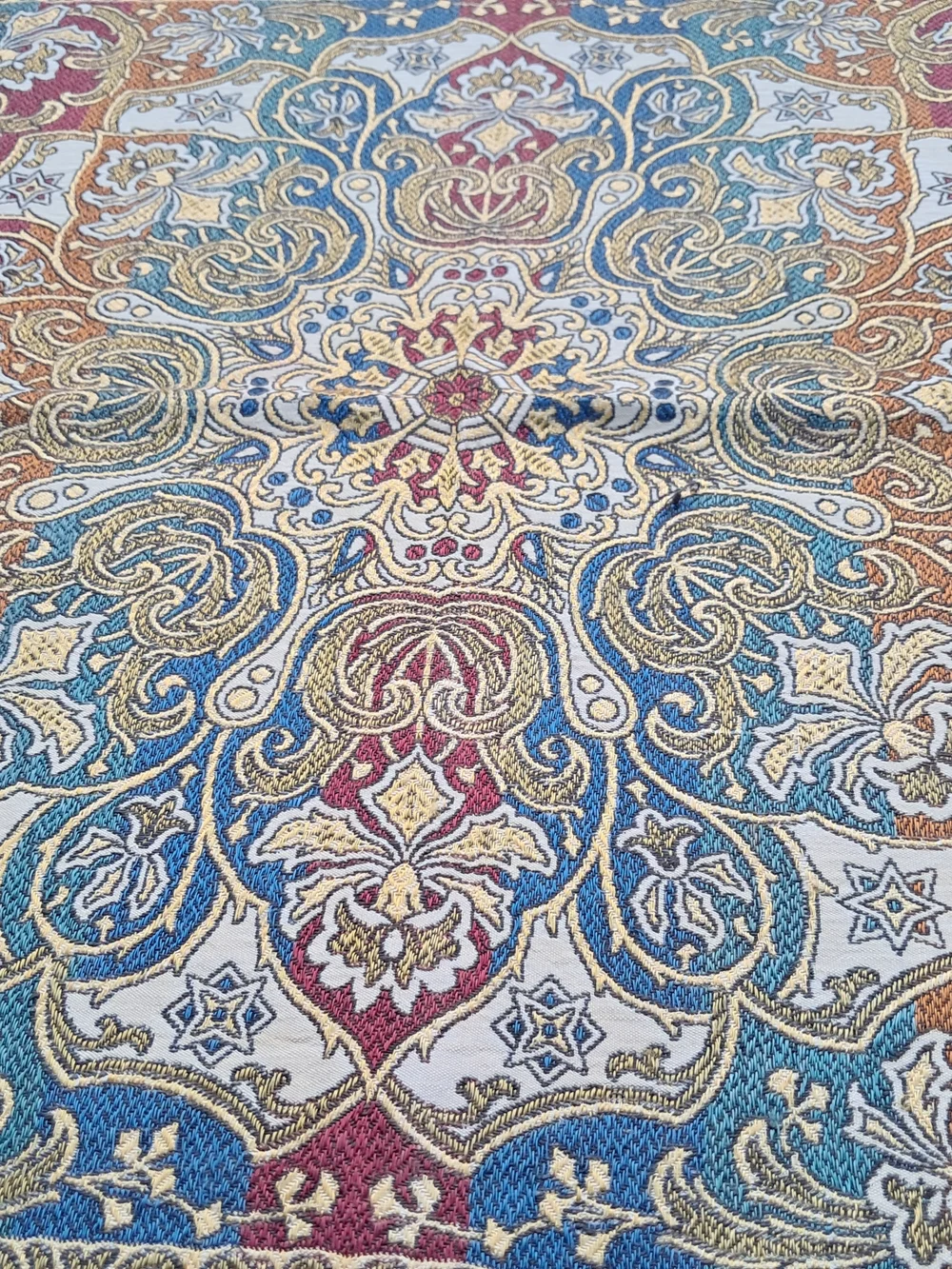​Vtg Jacquard Tapestry Table Cover Square Medallion Boho Burgundy Blue Fringe